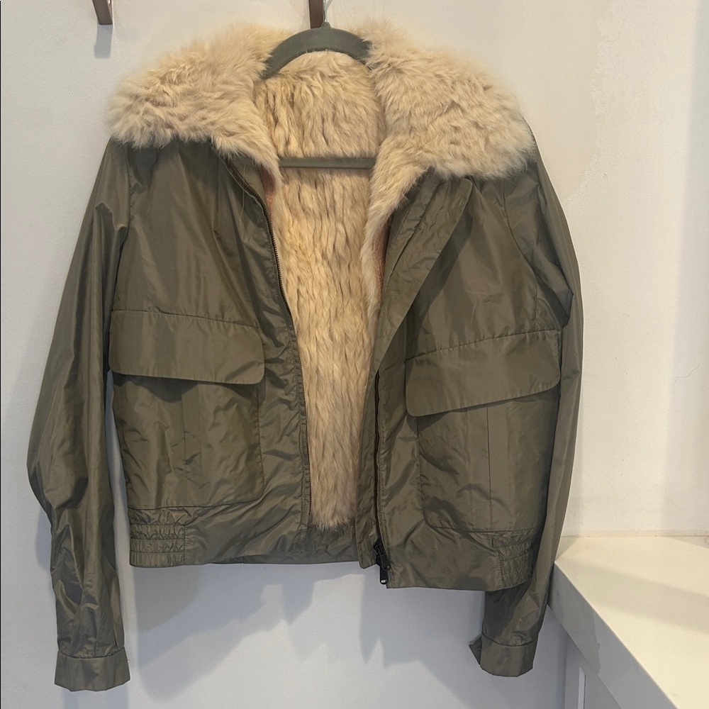Yves Saint Laurent Olive Bomber Jacket with Fur Trim